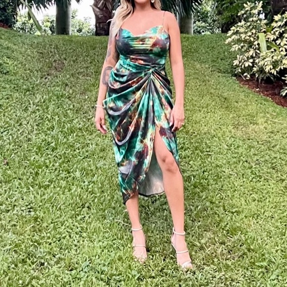 Dresses | Green Print Satin Strappy Cowl Neck Side Gathered Midi Dress |  Poshmark